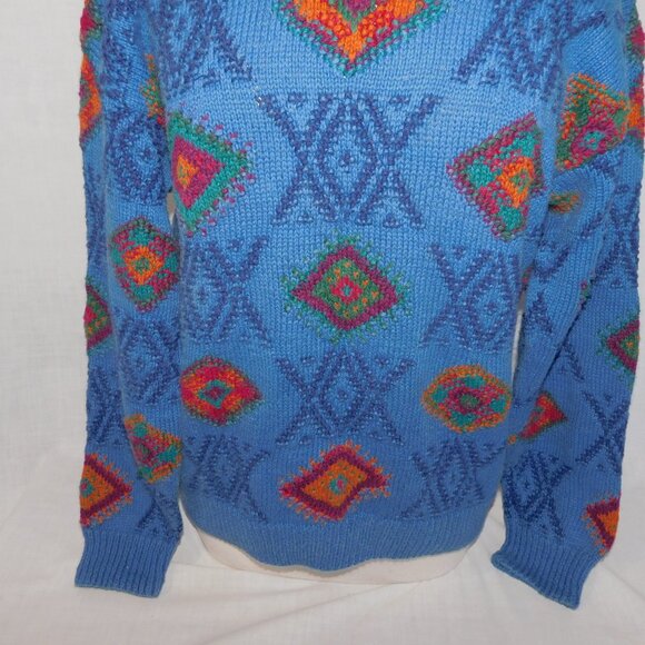 VTG Northern Isles Hand Knit Blue Multicolour Diamond Crew Neck Sweater Womens M - Picture 3 of 10